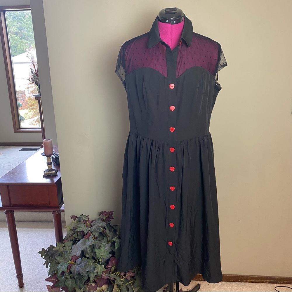 Like New Black Midi Dress with Sheer Yoke and Red Heart Buttons